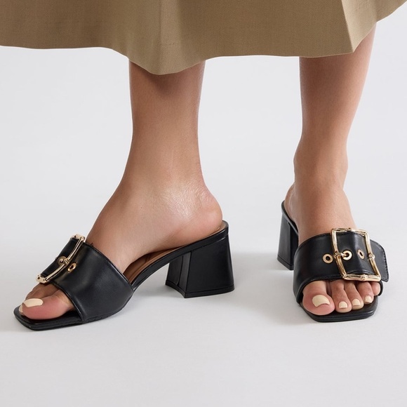 NWT Buckle Mules - Low Block Heel Square Toe Sandals - Black - Size 8.5 - Picture 5 of 6